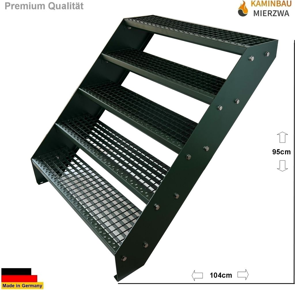 Gitterrost Stahl Wangentreppe 5 Stufen Verzinkt & Grün Pulverlackiert - (L x B x H) 101cm x 100cm x 95cm