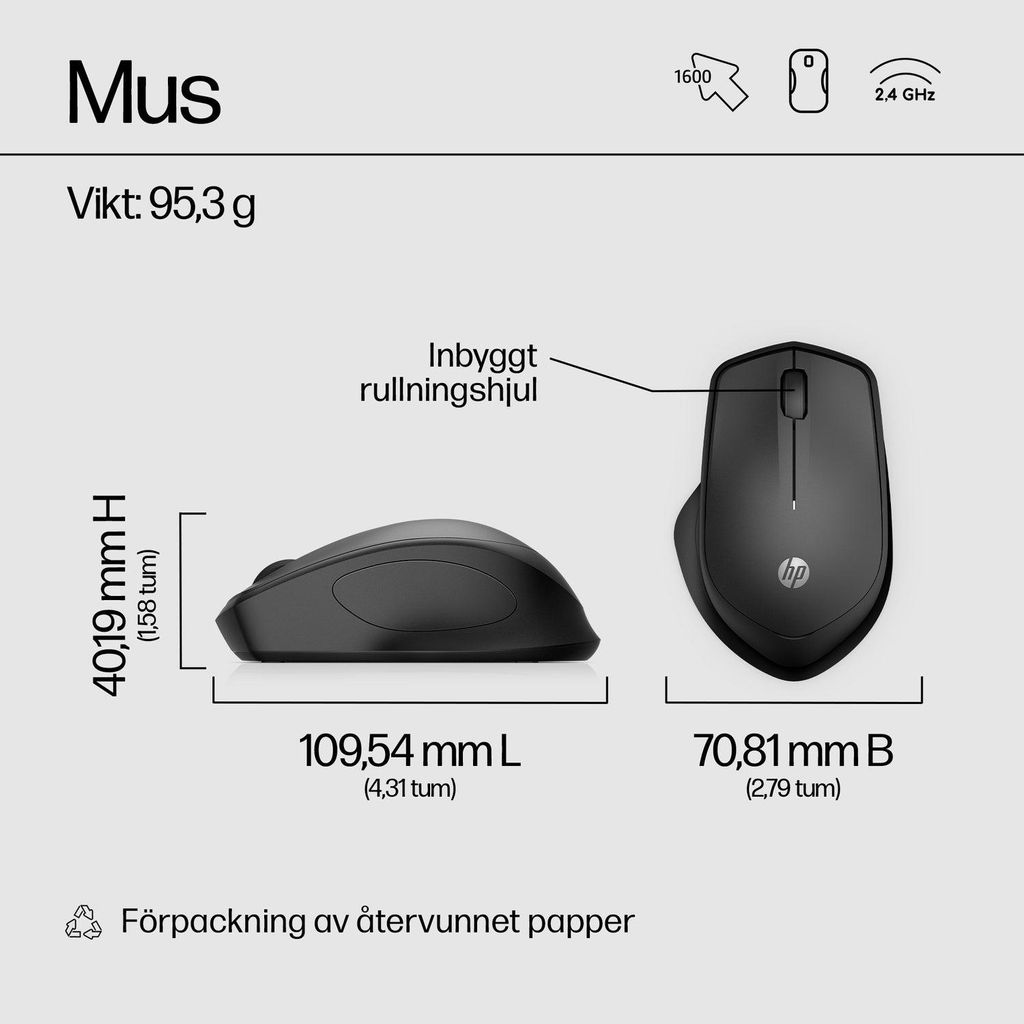 HP 280 Wireless-Maus, leise, Rechts, Optisch, RF Wireless, Produktbild 