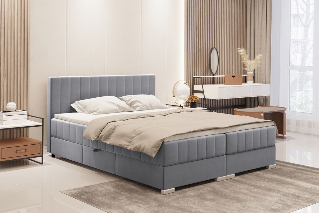 MEBLINI Boxspringbett mit Bettkasten - Gepolstert Doppelbett mit Matratze und Topper - Polsterbett mit Stauraum - Bett mit Kopfteil - Stauraumbett ...