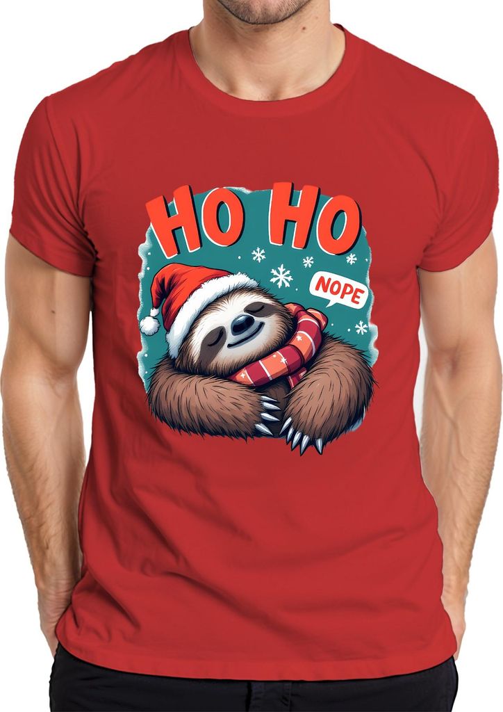 HO HO NOPE Faultier Weihnachten Weihnachtsmütze Schal Lustig Herren T-Shirt, Rot, XXL