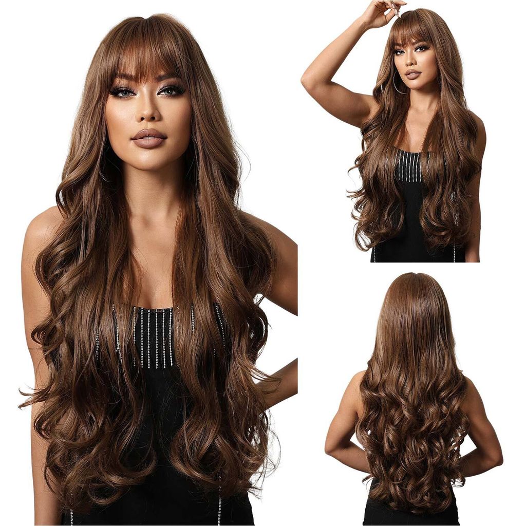 75cm Natürliche Lange Gewellt Lockig Wellig mit Pony, Ombre Haar Synthetische Perücken für Frauen,Dunkelbraun