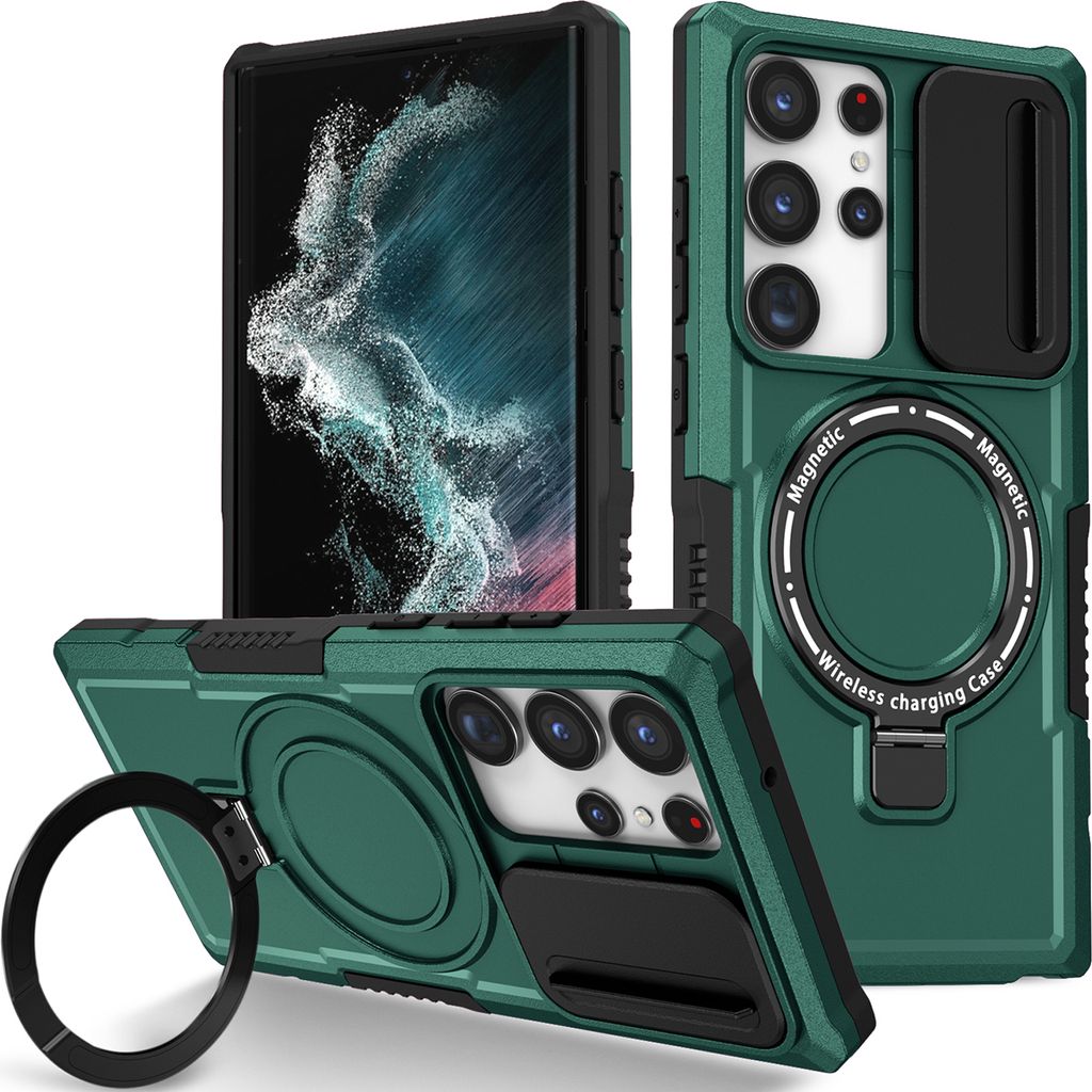 Handyhülle für Samsung Galaxy S22 Ultra 5G Kompatibel mit MagSafe, Robuste Hülle mit Schiebe Kamera Schutz, Magnetischer Ringständer Dunkelgrün