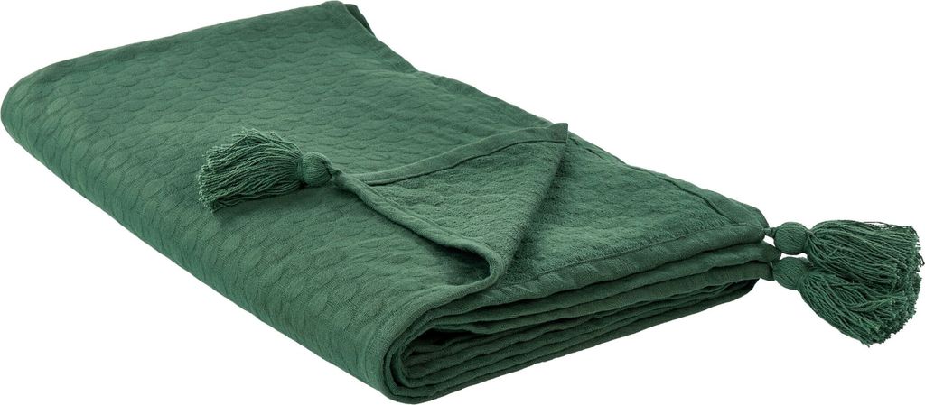 BELIANI Tagesdecke Grün aus Baumwolle 150 x 200 cm mit Quasten Modernes Design Bettüberwurf Wohndecke für Bett Sofa Schlafzimmer Wohnzimmer