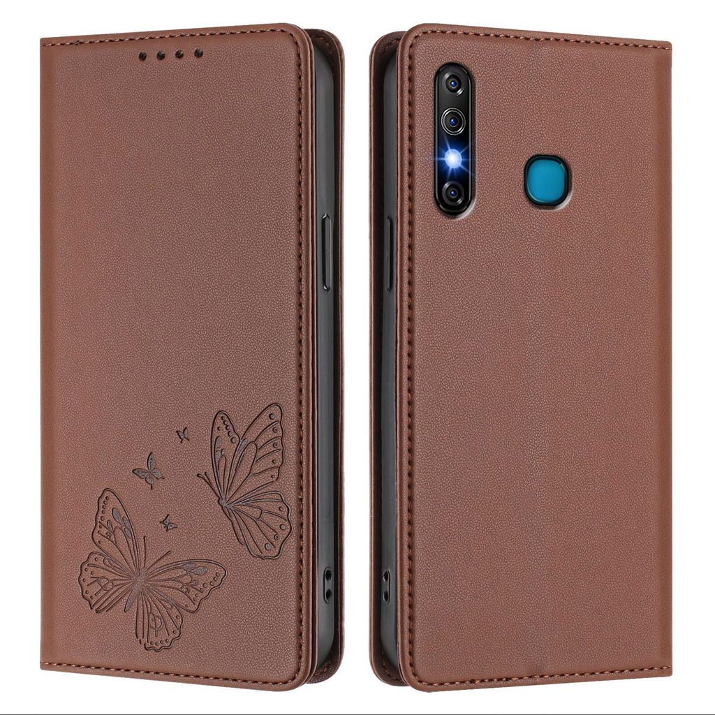 Lederhülle für Infinix Hot 8/Hot 8 Lite/Tecno Camon 12, Schmetterling Prägung Leder Brieftasche Schutzhülle mit Ständer Braun
