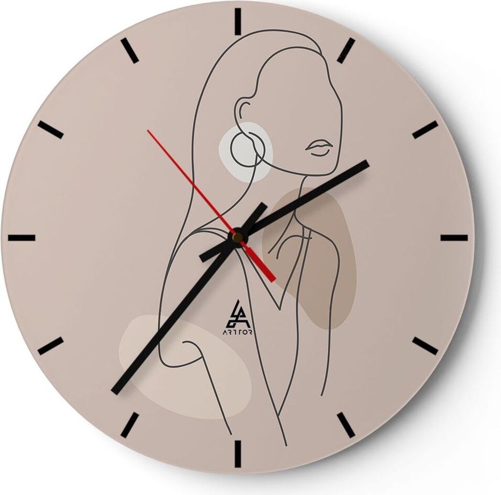 Wanduhr - Rund - Glasuhr - Stück Linie Frau - 30x30cm - Schleichendes Uhrwerk - Lautlos - zum Aufhängen bereit - Dekoration Modern - Wanddekorati...