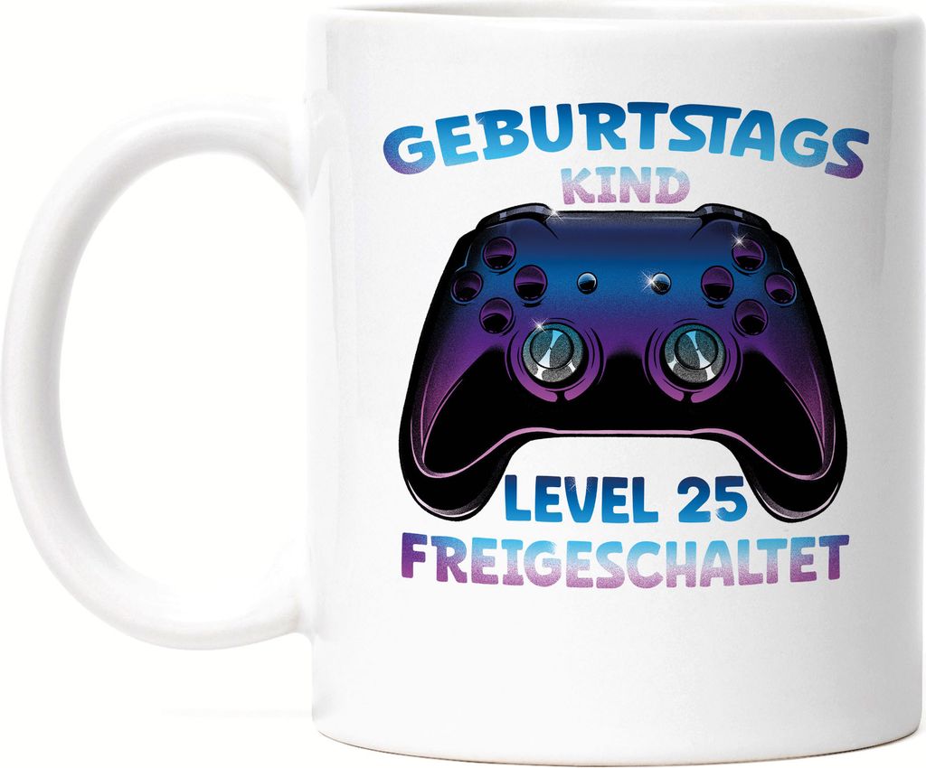 Geburtstagskind Level 25 Freigeschaltet Tasse Weiß Happy Birthday Geburtstag Alles Gute Controller Konsole Game Spiel