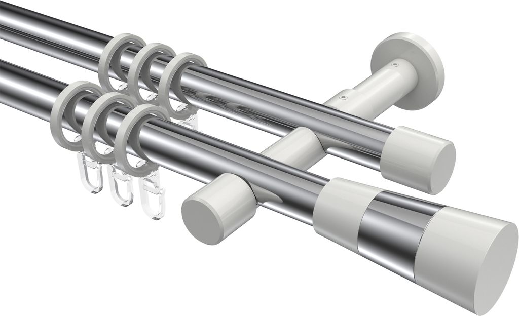 Interdeco Gardinenstange / Vorhangstange Chrom / Weiß, Typ Prestige Tanara (Konus Bicolor), 20 mm Ø 2-läufig, 200 cm
