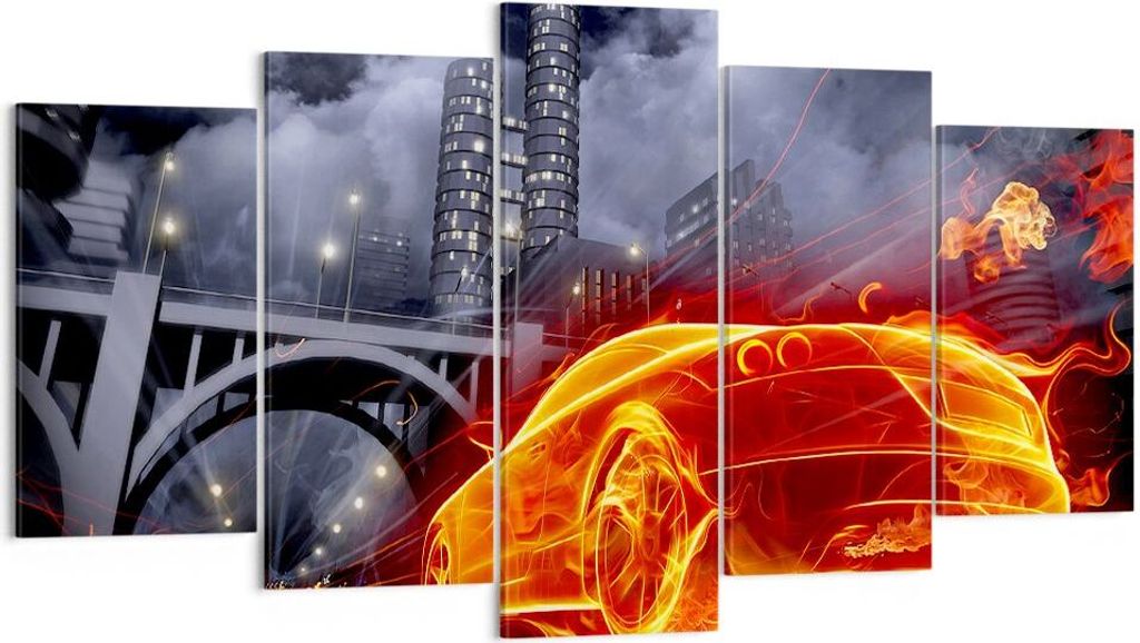 Bild auf Leinwand - Leinwandbild - Auto Flammen Räder - 160x85cm - Wand Bild - Wanddeko - Leinwanddruck - Bilder - Kunstdruck - Wanddekoration - L...