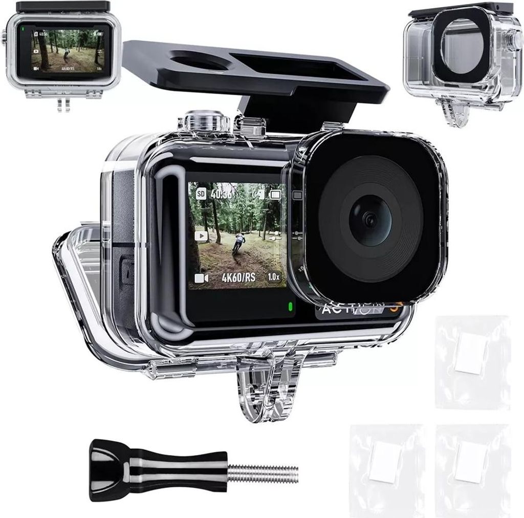 A collage of images showing an action camera in a waterproof case, along with accessories.