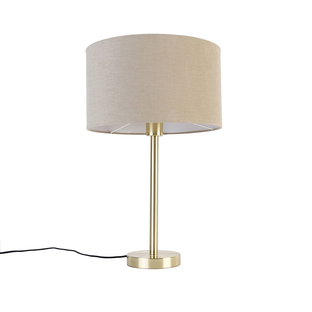QAZQA - Design Klassische Tischlampe Messing mit Schirm hellbraun 35 cm - Simplo I Wohnzimmer I Schlafzimmer - Stahl Rund - LED geeignet E27