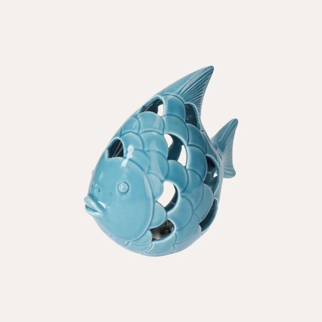 Lampe d'Ambiance Poisson en Céramique Bleue Décoration Intérieure LED