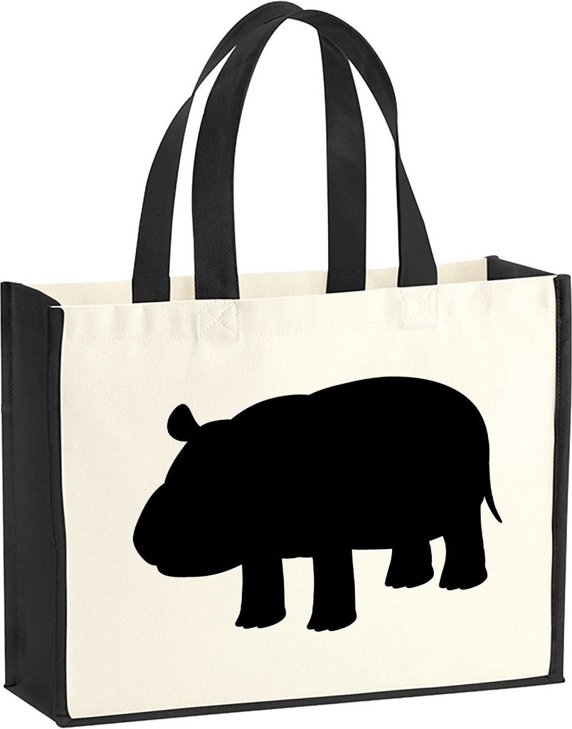 Huuraa Jutetasche Nilpferd Silhouette 21 Liter Black Jute und Baumwolle Einkaufstasche Geschenkidee