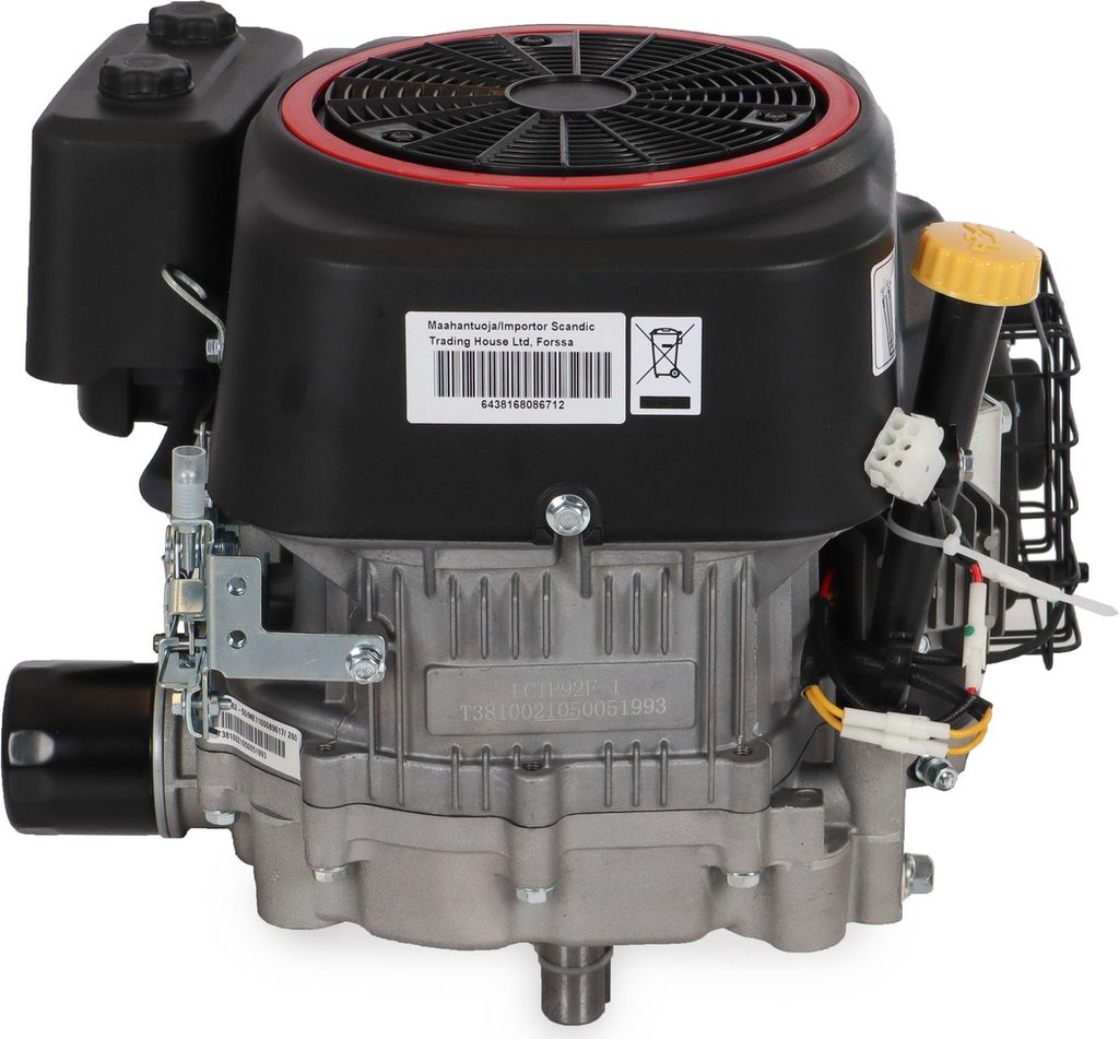 A close-up studio shot of a lawnmower engine.