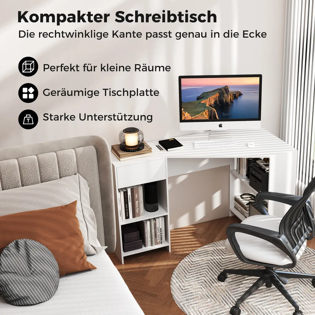 Bureau d'Angle Informatique Moderne avec Rangement Intégré, Blanc - 4