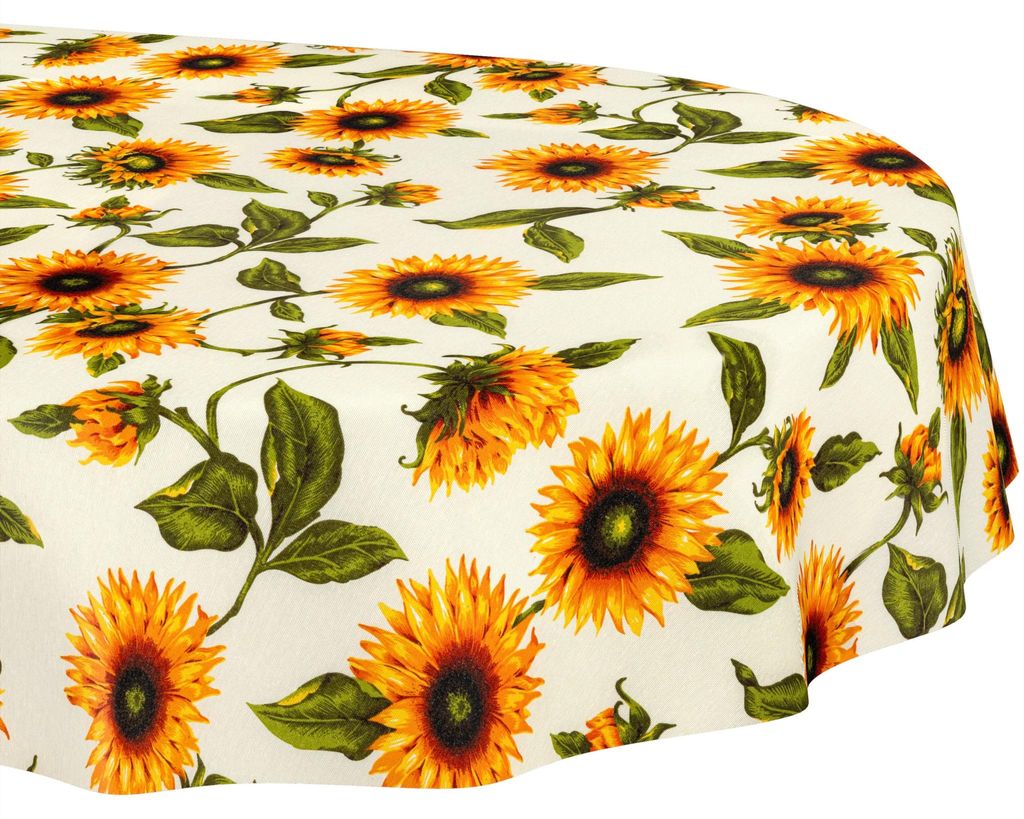 Tischdecke 140x260cm Oval Gelb abwaschbar Baumwolloptik Sonnenblumen Gelb wetterfest Schnittkante