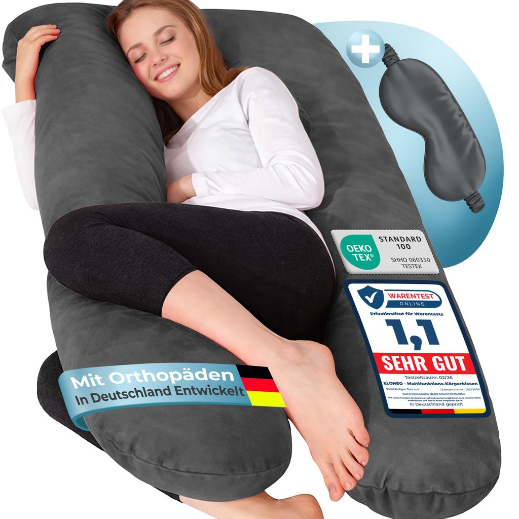 ELONEO Seitenschläferkissen mit Bezug, Stillkissen, Schwangerschaftskissen XXL, Anthrazit