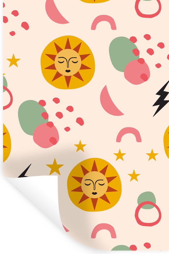 MuchoWow Wandtattoo Wandsticker Wandaufkleber Sonne - Mond - Sterne - Muster 40x60 cm Selbstklebend und Repositionierbar - Wierderverwendbar - Se...