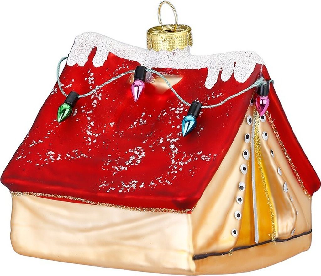 Christbaumschmuck Glas Zelt mit Lichterkette 8cm rot / gold Produktbild 