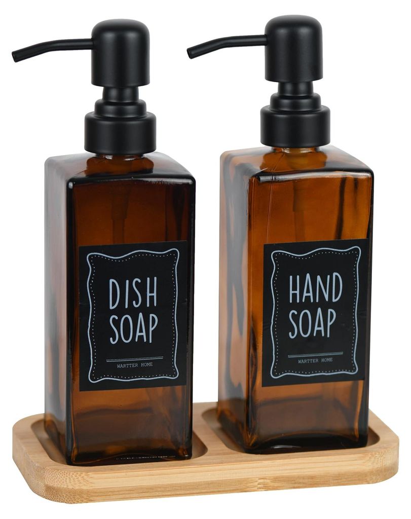 Modernes Seifenspender-Set mit Bambusfuß, Glasseifenspender mit Edelstahlpumpe, perfekt für Küchendekoration und Accessoires (bernsteinfarben, 2...