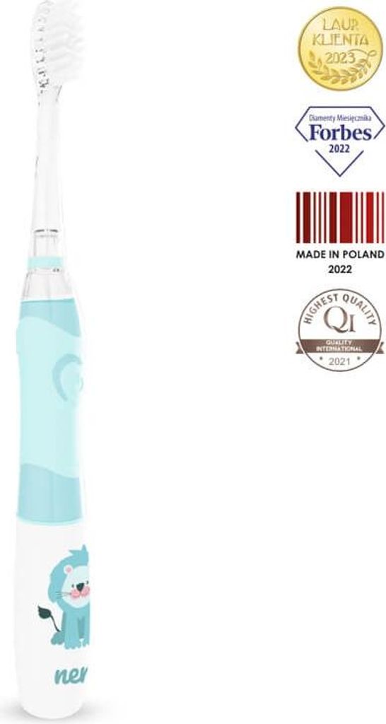 A white electric toothbrush with blue accents and a cartoon lion illustration on the handle, set against a white background. Several award badges and certifications are displayed to the right of the toothbrush.