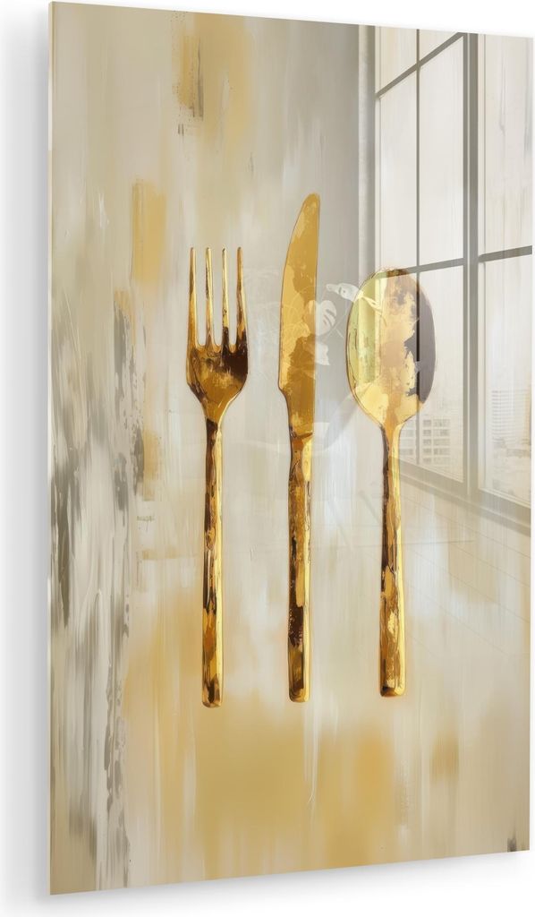 MuchoWow Glasbilder - Bilder auf Wandbild - Foto auf Glas Farbe - Gold - Besteck 40x60 cm Wanddekoration aus Glas - Acrylglasbild - Acrylbilder - G...
