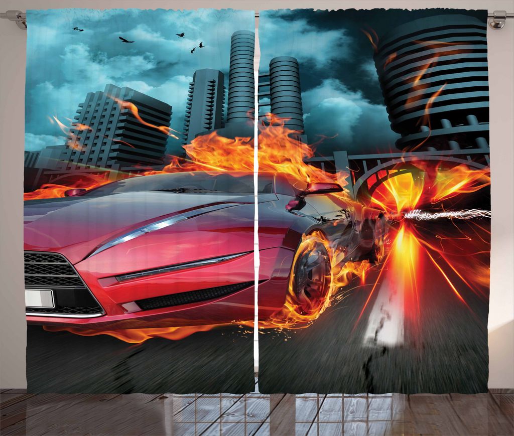 ABAKUHAUS Autos Rustikaler Gardine, Red Hot Concept Car Flames, Schlafzimmer Kräuselband Vorhang mit Schlaufen und Haken, 280 x 175 cm, Red Orange...