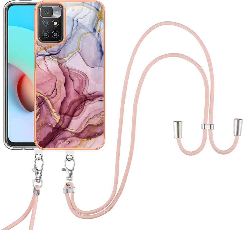 Redmi 10 Handykette Hülle, Muster TPU Bumper Schutzhülle mit verstellbarem Tragegurt für Xiaomi Redmi 10 Rosa