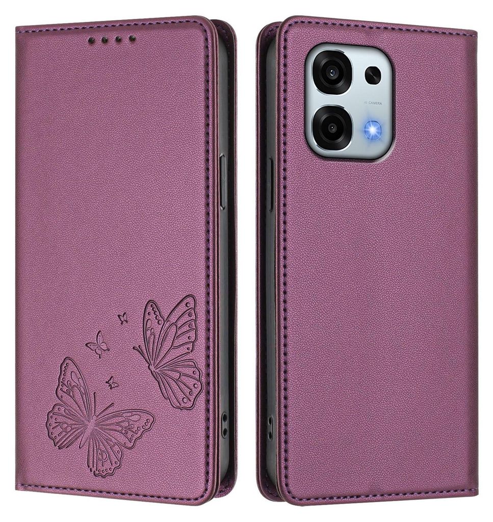 Lederhülle für Oppo A6 Pro 5G/Oppo A6 Pro 4G, Schmetterling Prägung Leder Brieftasche Schutzhülle mit Ständer Lila