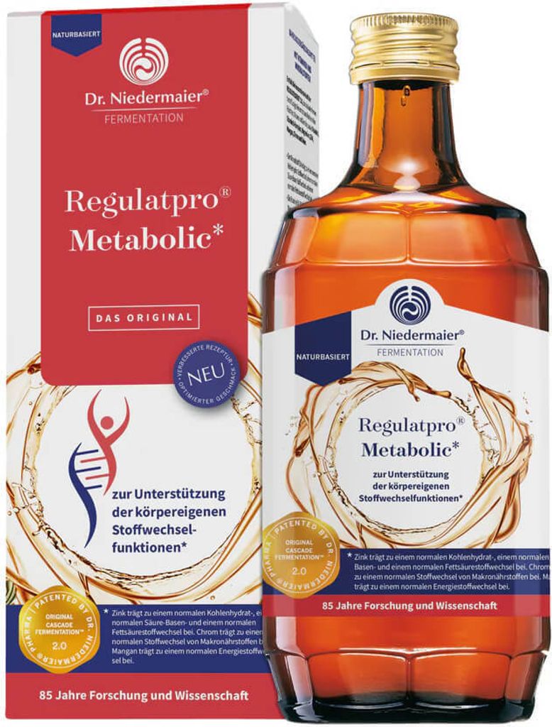 A bottle of Dr. Niedermaier Regulatpro Metabolic next to its packaging.