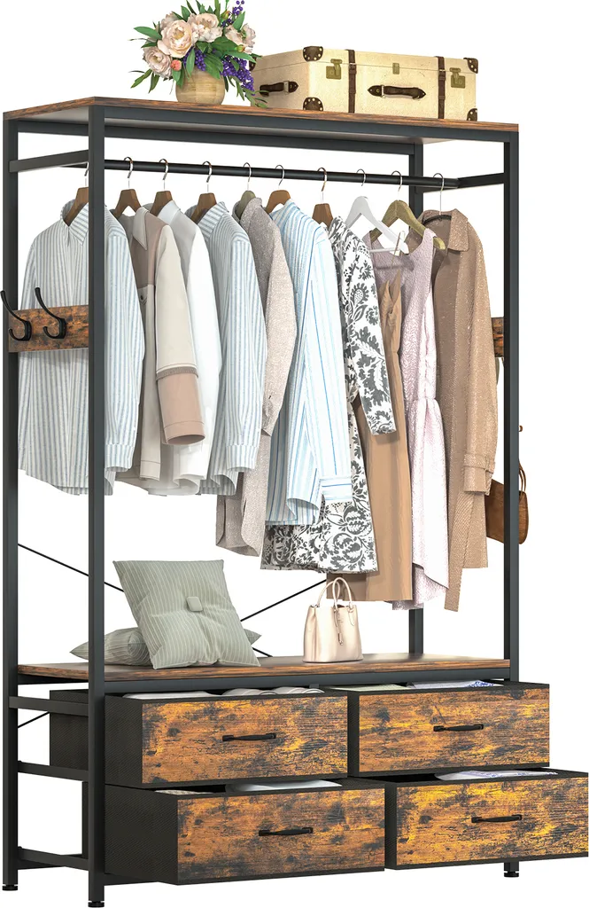 Vestiaire Entrée Ouvert avec Penderie et 4 Tiroirs de Rangement Bois