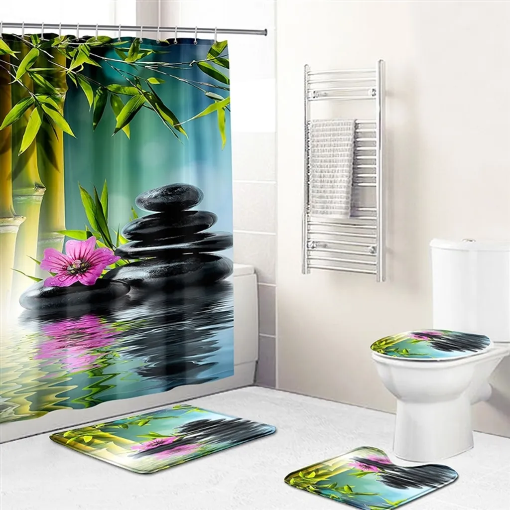 Set Bagno 4 in 1 Floreale: Tenda Doccia e Tappeti | Spedizione Rapida