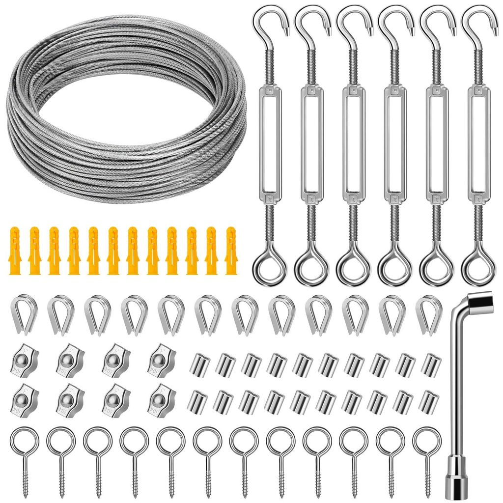 Drahtseilset 35 m/2 mm Edelstahl für Kletterpflanzen, Kabelspanner für Lampenaufhängung, Gardinenseil, inklusive Kabelspanner und Kabelklemme