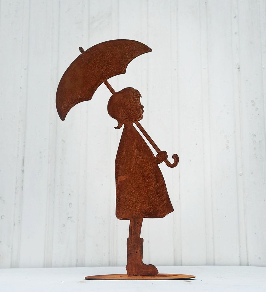 Gartenfigur Mädchen mit Schirm 60cm auf Platte Edelrost Gartendeko Wetterfest Rost Metall Rostfigur Kind mit Regenschirm