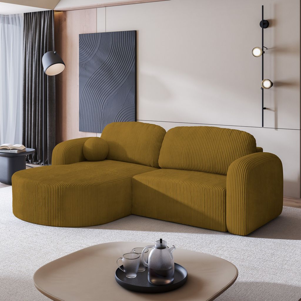 Masseno Ecksofa AMILIA P mit Schlaffunktion L-Form, Sofa mit Bettkasten, Wohnzimmersofa, Couch, Soffa, Bettsofa, Couchgarnitur- Gelb, POSO 01