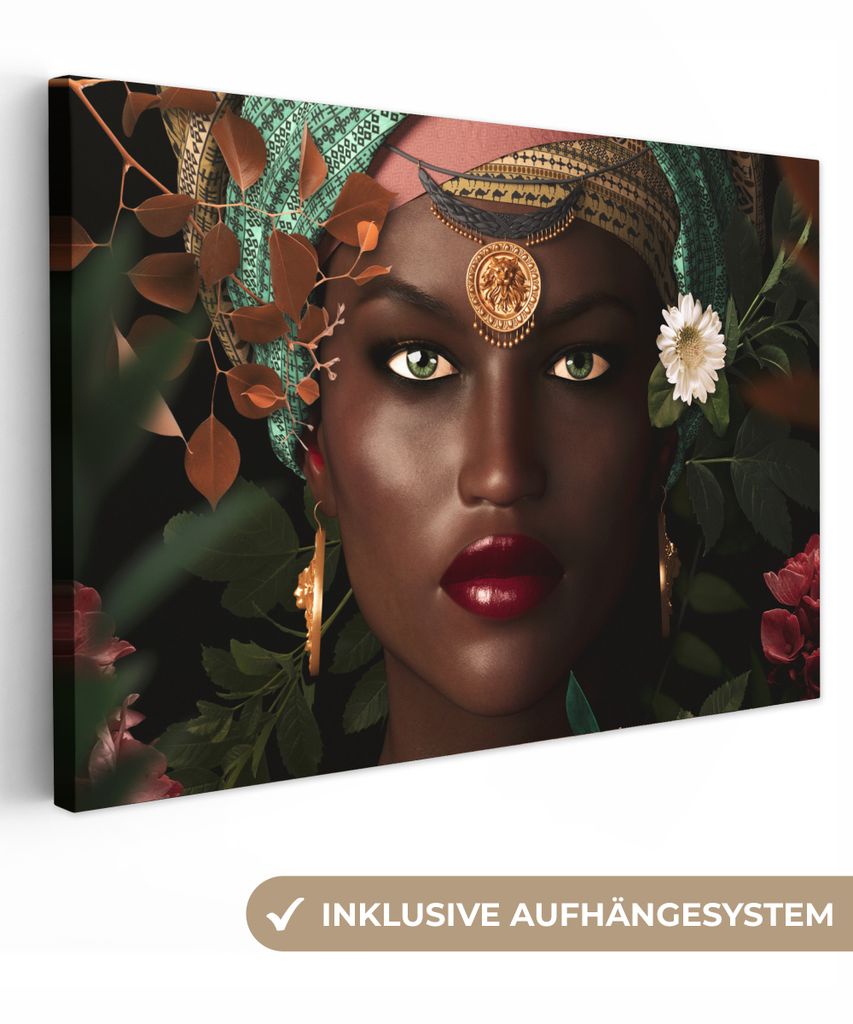 MuchoWow - Leinwandbilder - Frau - Blumen - Schmetterlinge - Pflanzen - Schmuck - Luxus, Wandbild, Wanddeko Bilder Wohnzimmer, 60x40 cm