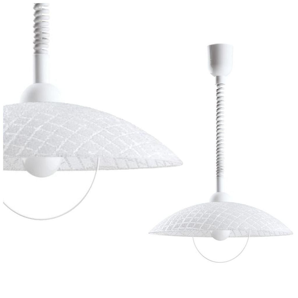 A white pendant lamp with a textured shade and a flexible neck, shown against a white background.