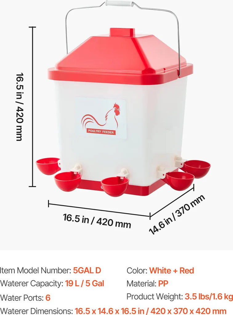 SucceBuy abbeveratoio per polli 19 L, abbeveratoio automatico per pollame con 6 ciotole per l'acqua, distributore d'acqua, sistema a gravità con maniglia e anello di tenuta, materiale robusto in PP, design a prova di perdite, adatto ai polli - 7