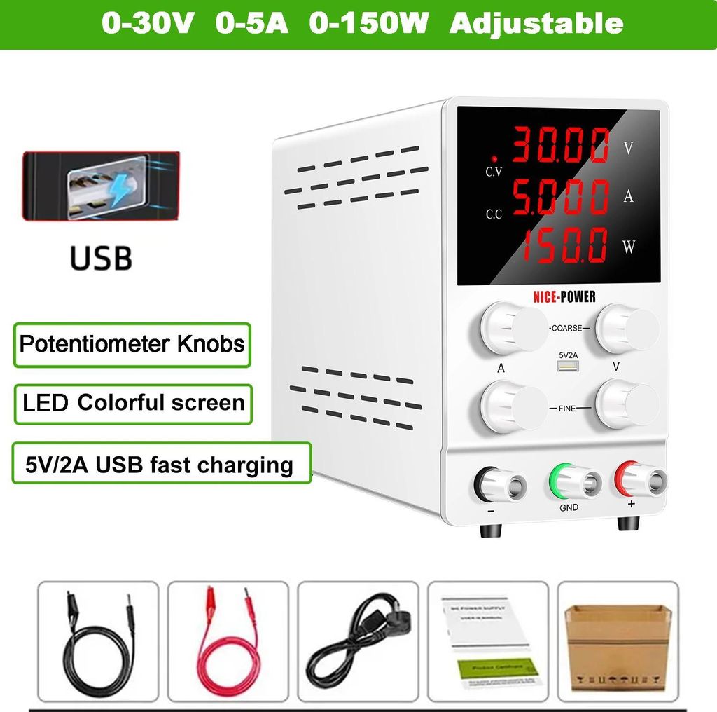 DC Labornetzgerät - 30V 5A 150W - LED-Display - Fein/Grob-Einstellung - USB 5V 2A - CV/CC - Braun