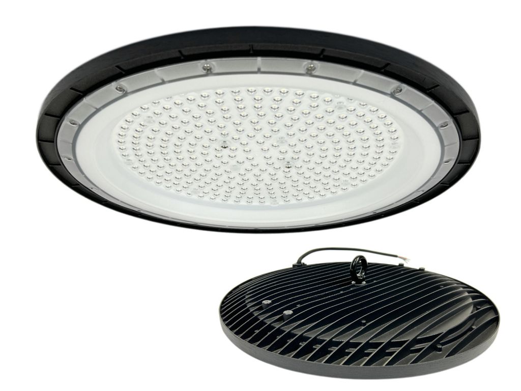 Two UFO high bay LED lamps are shown against a white background. One lamp is shown from a top-down perspective, displaying its LED array. The second lamp is shown from a side perspective, displaying its ribbed heat sink.