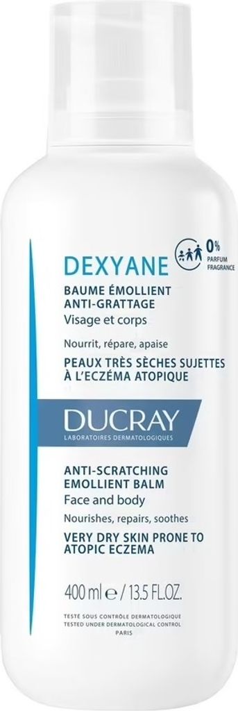 A white bottle of Ducray Dexyane Anti-Scratching Emolient Balm.