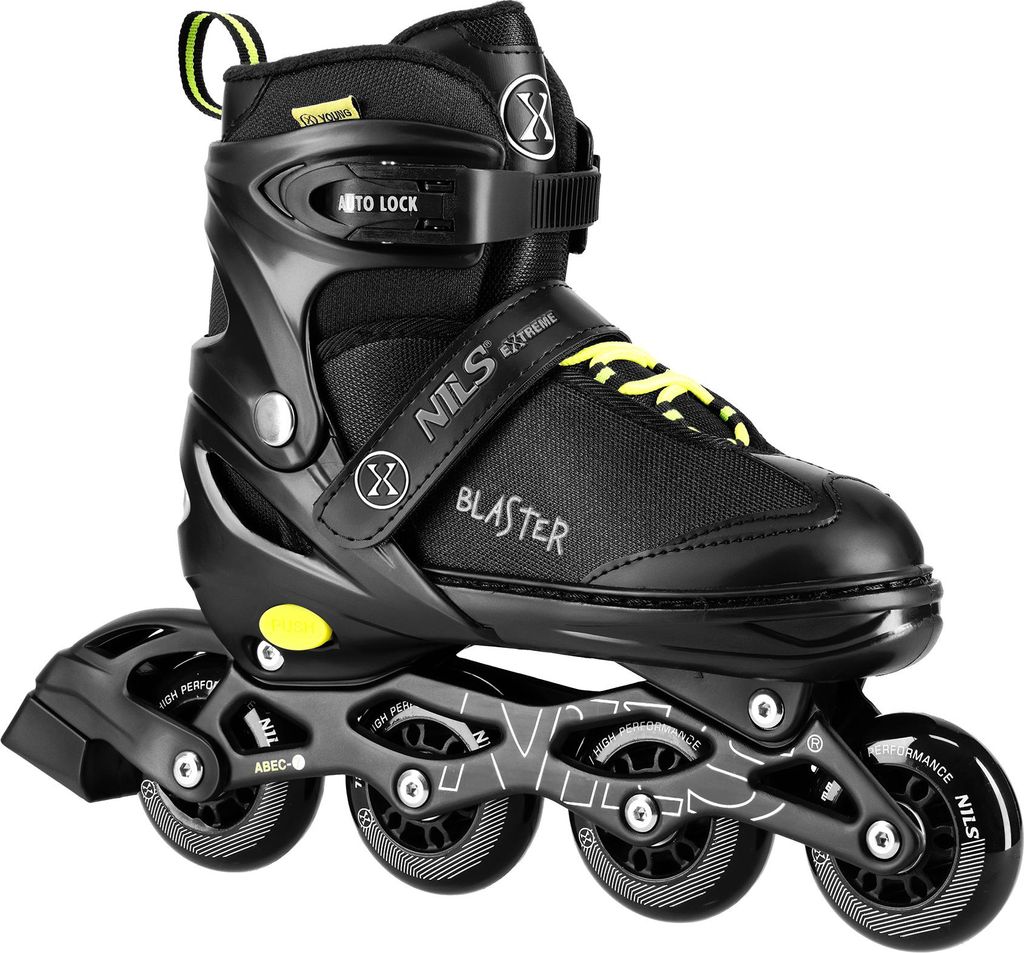 A black inline skate with yellow accents is shown against a white background.