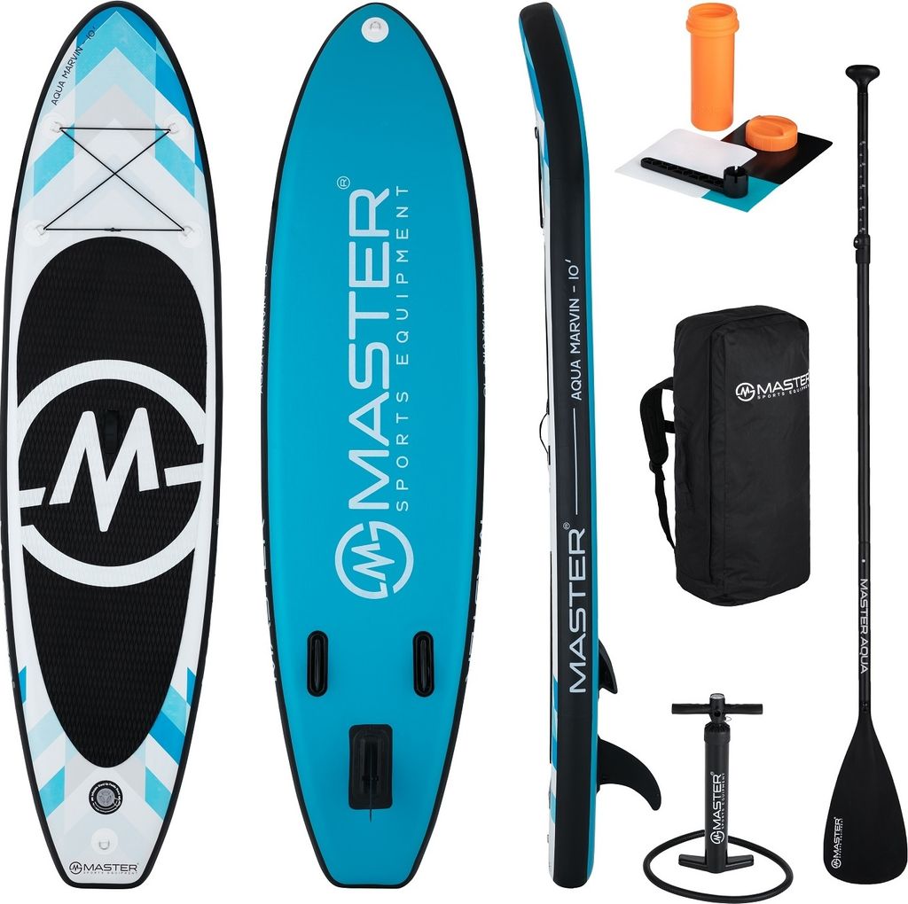 A collection of paddleboard equipment laid out on a white background.