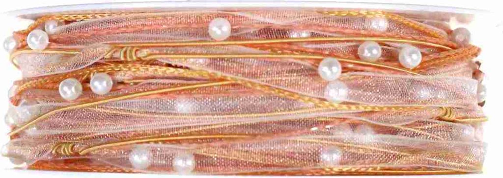 15m Dekoband Schleifenband Geschenkband Organza Perlen Schnur Kordel Perlenkordel, Farbe:aprikot