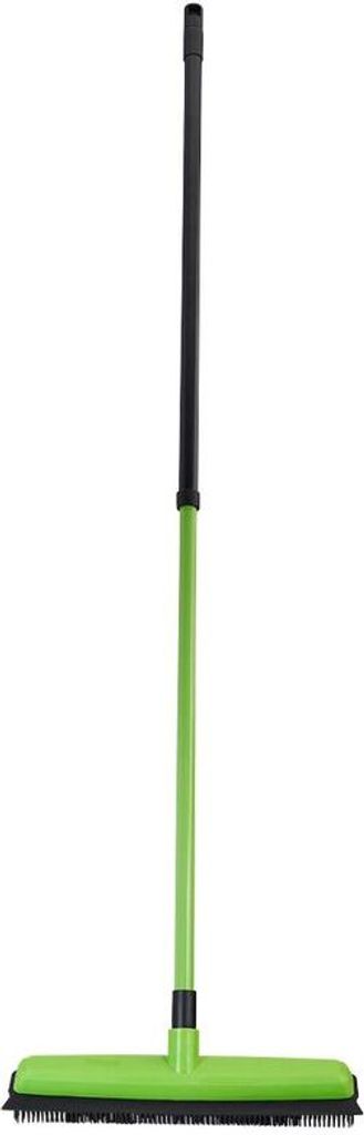 A broom with a green handle and head, and a black handle grip, against a white background.