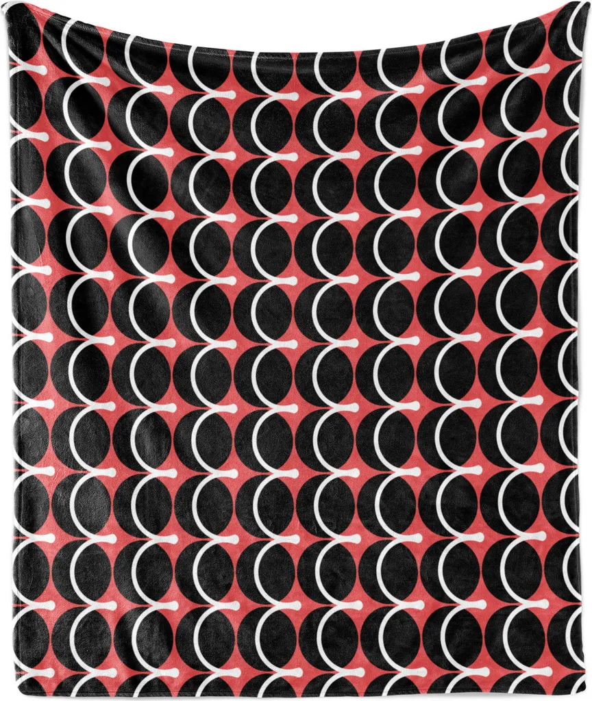 ABAKUHAUS Coperta in morbido pile di flanella, composizione di forme rotonde e strisce verticali curve, 175 x 230 cm, rosso corallo e grigio blu
