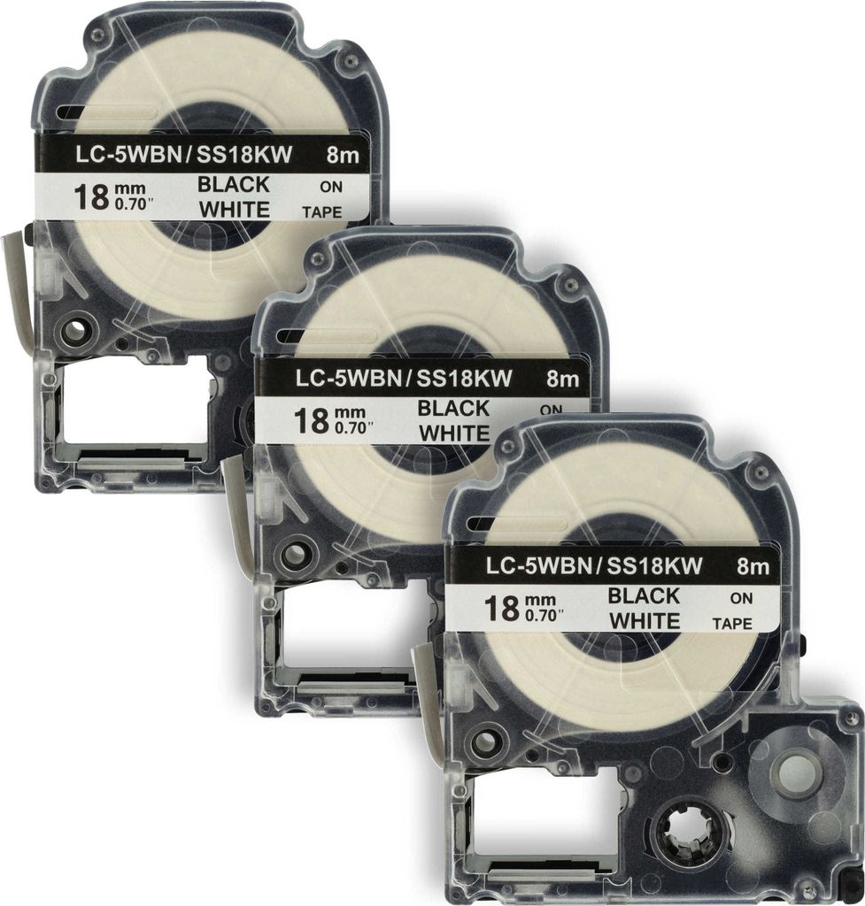 vhbw 3x Schriftband-Kassette kompatibel mit Epson LabelWorks LW-700, LW-1000P, LW-600P, LW-500, LW-400 Etiketten-Drucker 8m x 18mm Schwarz auf Weiß