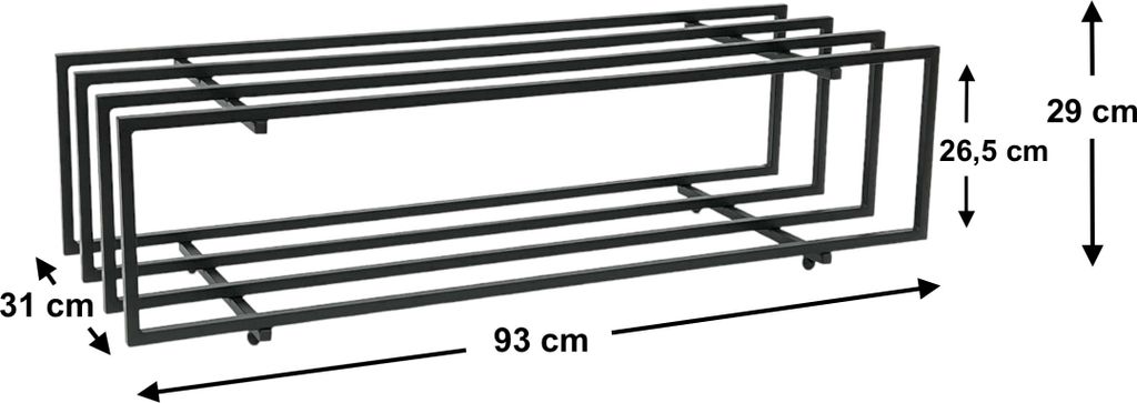 A black metal shoe rack with two shelves, shown from a slightly elevated angle with dimensions indicated by text and arrows.