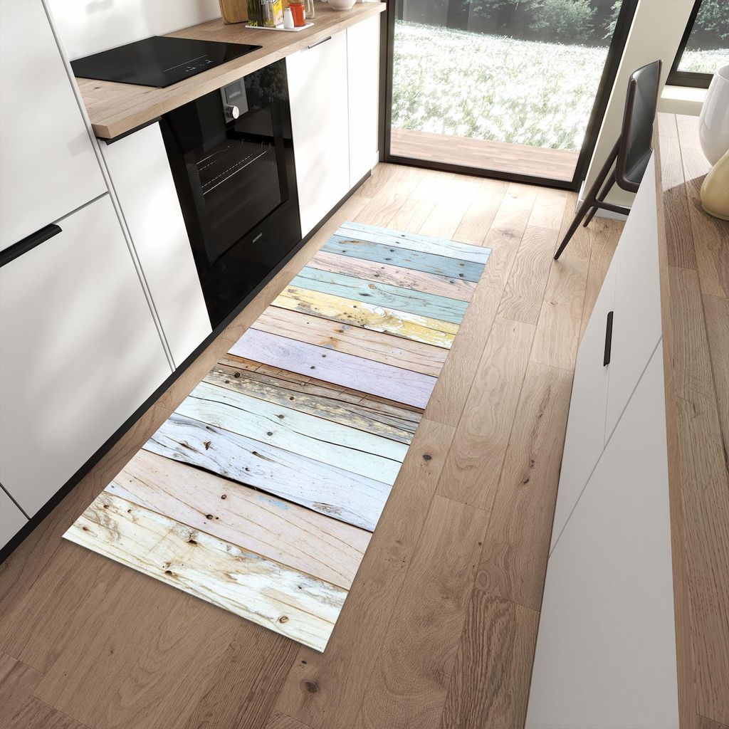 Küchenteppich 80x200cm rutschfest & abwischbar PVC Läufer - Bunte Holzplanken