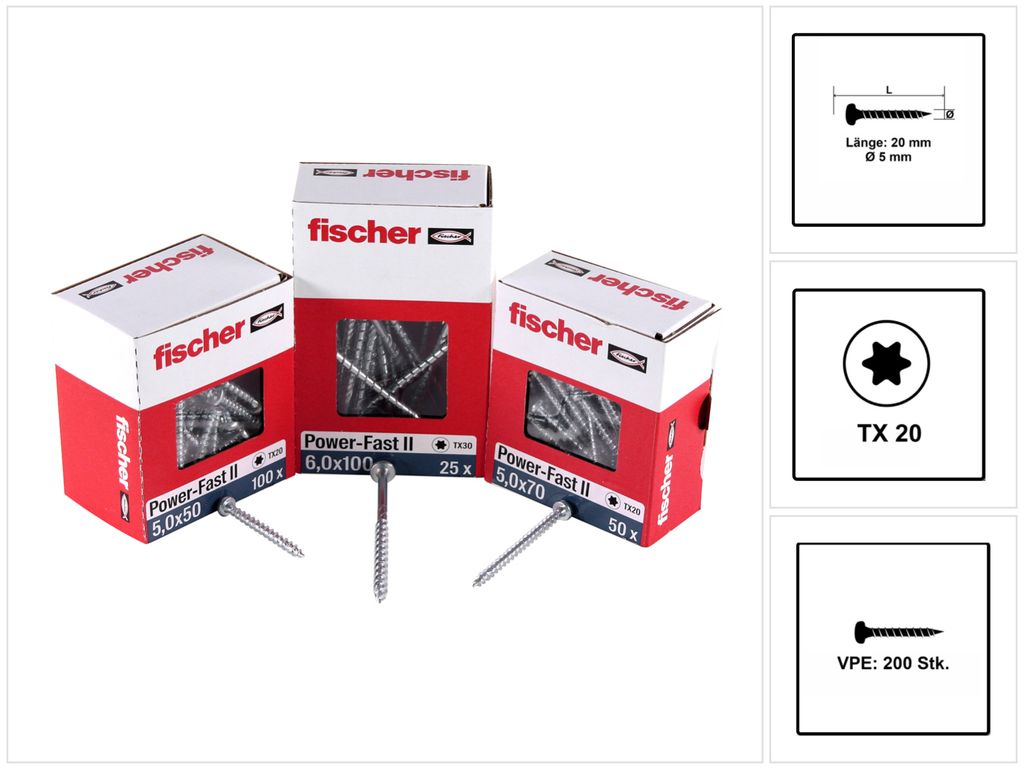 Fischer Spanplattenschraube 5,0x20 PowerFast FPF II PTF BC, Panhead, Innenstern TX, Vollgewinde