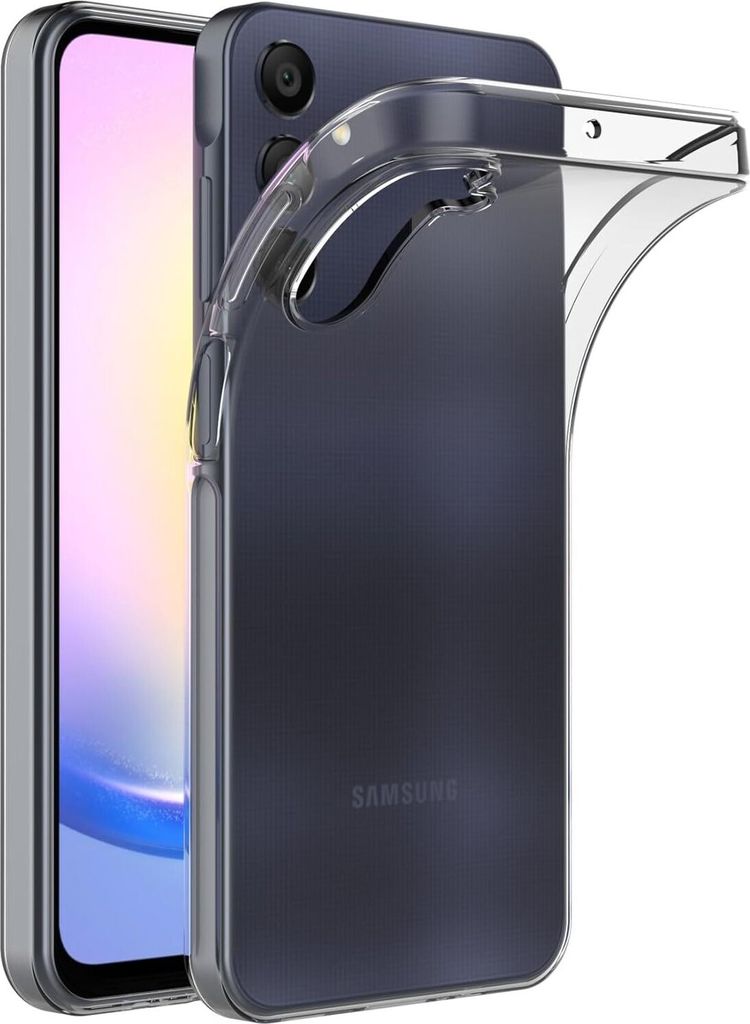 A clear, studio shot of a transparent phone case on a white background, with a smartphone partially visible inside.